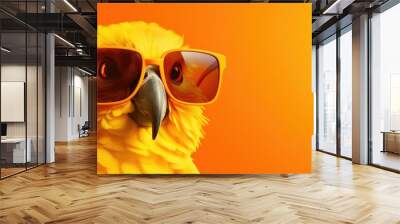 a bright yellow bird wearing sunglasses on a orange background Wall mural