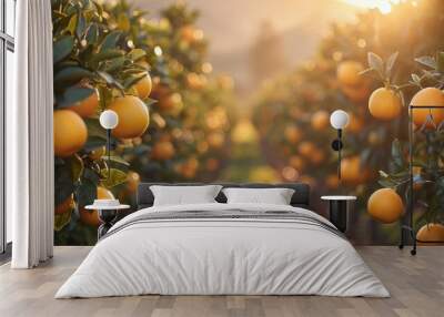 a citrus grove, with rows of orange and lemon trees stretching into the distance Wall mural