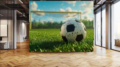 A close up view of a soccer ball on green grass in a well maintained sports field during daytime Wall mural