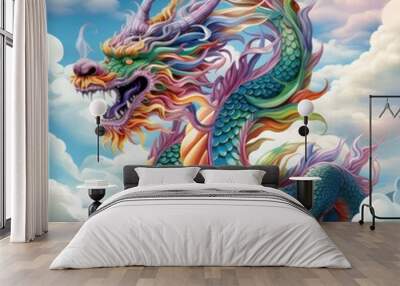 A colorful Chinese dragon in shades of blue, green, and purple, soaring through the sky Wall mural