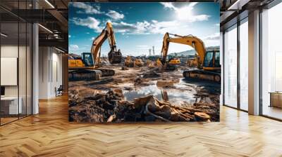 a construction site filled with heavy equipment Wall mural