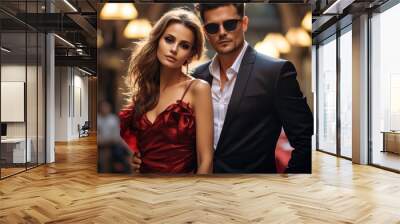 A couple man in sunglasses and woman in black, in the style of luxurious. Wall mural