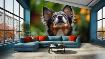 A curious dog looking directly at the camera in a lush garden on a sunny day Wall mural