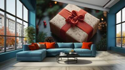 A gift with a red ribbon rests on a table amidst festive holiday decor Wall mural