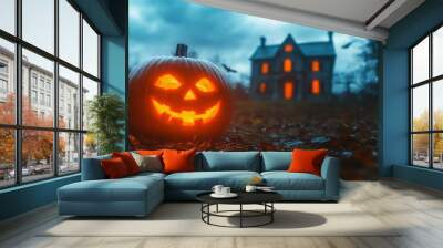 A glowing jack-o'-lantern illuminates a spooky house on a Halloween night under a full moon Wall mural