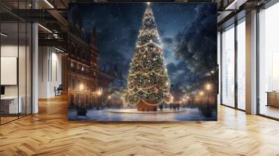 a large christmas tree is in the city centre on a beautiful snowy evening Wall mural