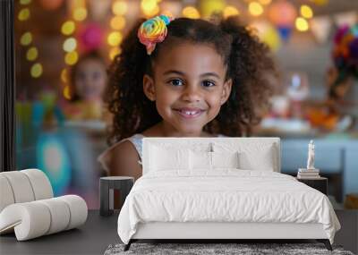 a little girl is sitting at a party table with a cake in her hand Wall mural