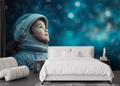 A little one dressed as an astronaut, dreaming big dreams of space and beyond Wall mural