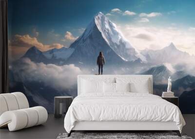 A man standing on rock on a mountain overlooking the clouds. Illustration AI Generative. Wall mural