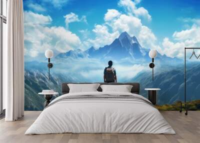 A man standing on rock on a mountain overlooking the clouds. Illustration AI Generative. Wall mural