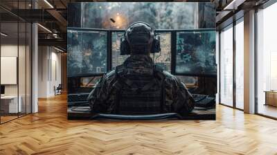 a military man with headphones looking in front of three monitors Wall mural