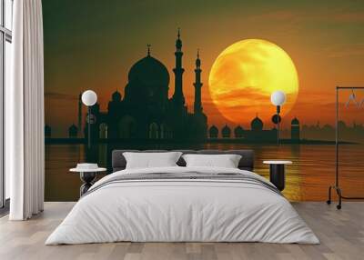 a mosque sitting under a moon that offers a view of the sunset Wall mural