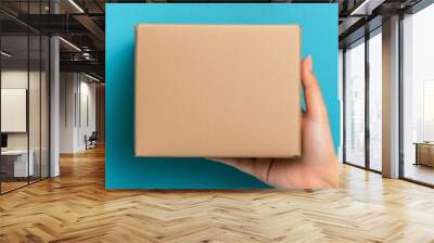 A person holding a plain brown box against a vibrant blue background in a bright setting Wall mural