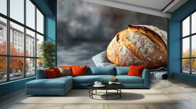 A rustic loaf of sourdough bread, crusty exterior giving way to a soft, chewy interior. large copyspace area Wall mural