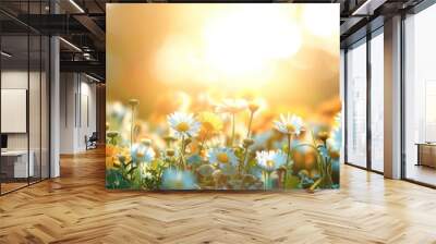 A stunning summer scene with a natural backdrop featuring yellow and white daisies, clovers Wall mural