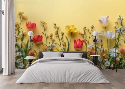 A vibrant field of blooming flowers under a sunny sky in springtime Wall mural