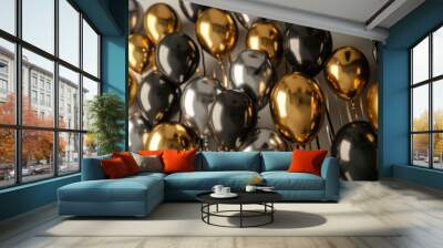 a wall of silver and golden balloons on white background Wall mural