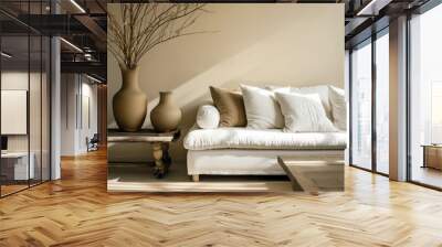 a white couch and living room with two vases and a table Wall mural