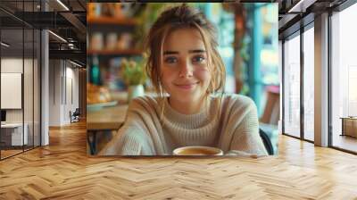 A young woman sits at a table in a cafe. There is a cup of coffee on the table in front of her Wall mural