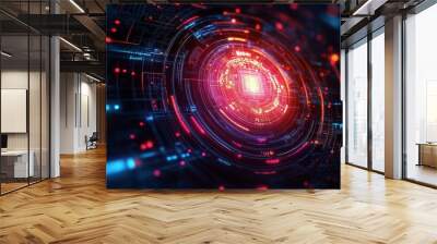 Abstract futuristic technology design featuring vibrant red and blue lights in a circular pattern Wall mural