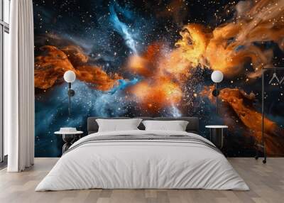 Abstract Orange And Blue Color Explosion With Black Background Wall mural