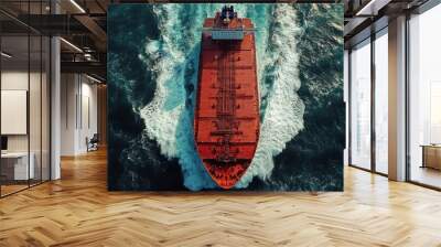 Aerial view of a large cargo ship navigating through ocean waves during daylight hours Wall mural