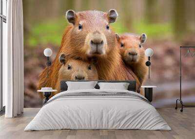 An adorable photo of a mother capybara with her babies, the loving bond between these animals Wall mural