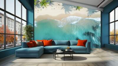 An aerial view of the tropical beach and ocean with palm trees Wall mural