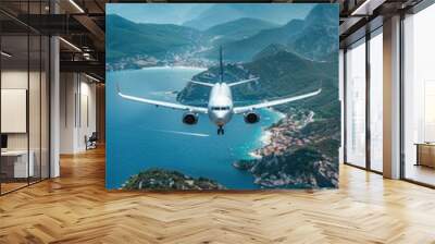 An airplane is departing from an airport, flying over stunning mountains and sea, showcasing the beauty of air travel Wall mural