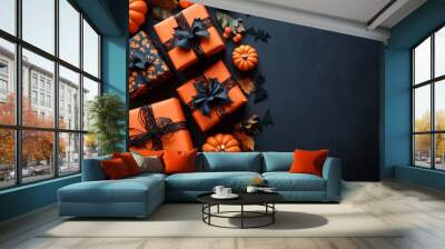 Autumn decor with orange gifts and pumpkins on a dark surface for seasonal fun Wall mural