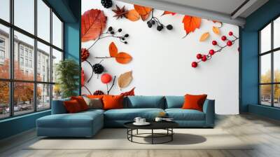 Autumn Leaves and Berries on White Background Wall mural