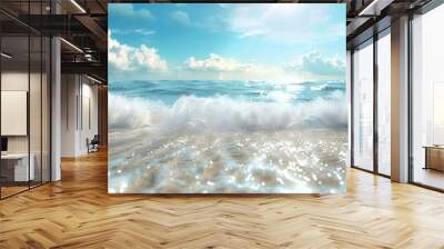 beach landscape with sea waves over blue sky and sun with sunny sky and sun rays Wall mural