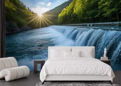 Beautiful background with a water hydro station on the river. Sunny summer day Wall mural