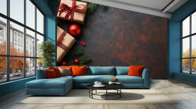 Beautifully wrapped Christmas gifts surrounded by festive decorations on a dark background Wall mural