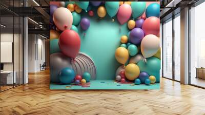 Birthday holiday background with balloons. Illustration AI Generative. Wall mural