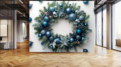 Blue And Silver Christmas Wreath On White Background Wall mural