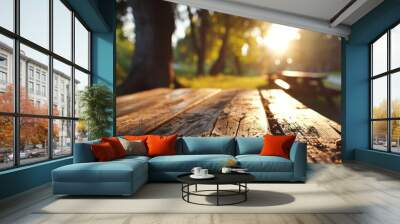 blurred wooden picnic table with barbecue Wall mural