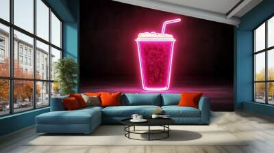 Bright neon pink drink cup illuminates a dark textured background at night Wall mural