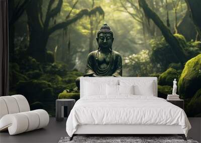 Buddha in a green mystical background Wall mural