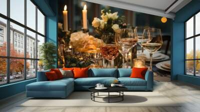 Candlelit dinner with champagne glasses Wall mural