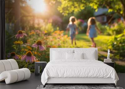 Children play in the summer sunny garden Wall mural