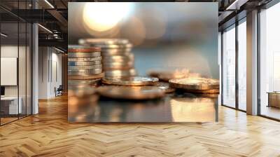 Close-Up of Stacked Coins With Shiny Background in Soft Focus Wall mural