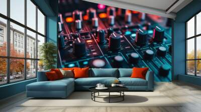 Close-up view of an illuminated sound mixing console with vibrant buttons and dials at night Wall mural