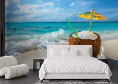 Coconut Shell With Straw Umbrella on Beach Wall mural