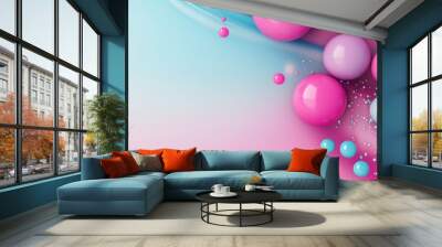 Colorful abstract design featuring spheres and bubbles in pink and blue hues at sunset Wall mural