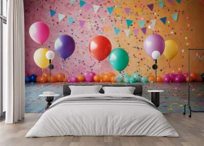 Colorful balloons and confetti decorate a vibrant party space for festive celebrations Wall mural