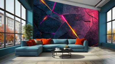 Colorful cracks in a dark textured wall create a striking visual effect in a modern setting Wall mural