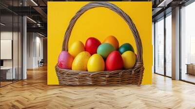 Colorful easter eggs arranged in a woven basket against a bright yellow background Wall mural