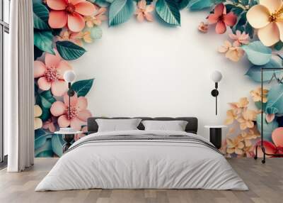 Colorful floral arrangement with leaves and blossoms on a light background for creative design Wall mural