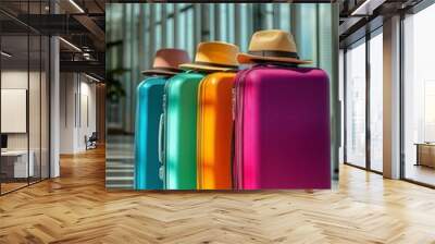 Colorful luggage stacked at an airport terminal with a straw hat resting on top in daytime Wall mural